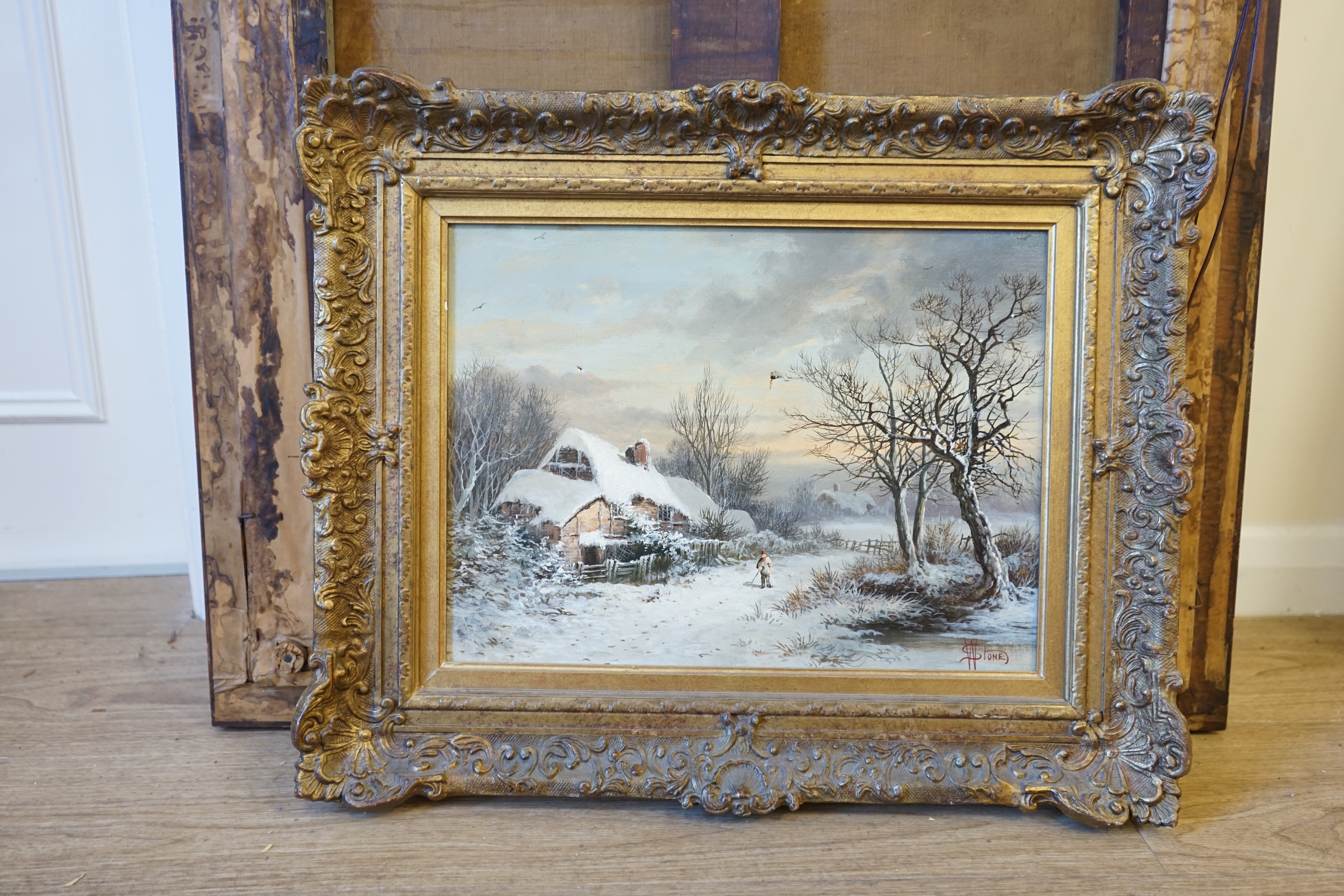 William Stone (fl.1865-93), oil on canvas, Winter landscape with thatched cottage and figure, signed, 29 x 39cm